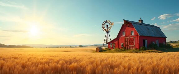 Rustic Farm Harvested Field with Old Barn and Windmill