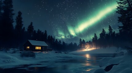 Mesmerizing Northern Lights Illuminate Snowy Landscape with Cabin and Frozen Lake in the Foreground  The Aurora Borealis dances across the night sky