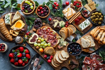 A luxurious spread of gourmet foods, cheeses, breads, and fresh fruits, perfect for an elegant gathering or feast.