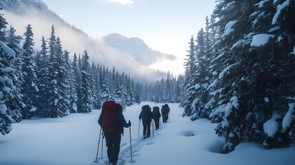 Dramatic Winter Hiking Landscape in a National Park with Snowy Mountains Pine Trees and a Group of Trekkers Exploring the Scenic Wilderness