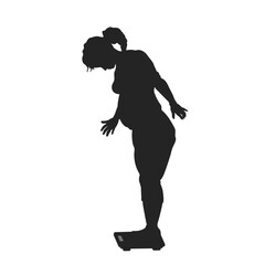Silhouette of fat woman on the scale. An overweight girl looks at his weight. Isolated drawing of unhappy adult leading an unhealthy lifestyle. Lady with a big belly side portrai
