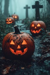 Fototapeta premium Halloween holiday spooky scary background dark scene, spooky Haloween event invitation poster card with mystery background, trick or treat fall party.