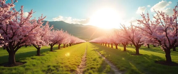 Sunlit Orchard Rows of Blossoming Fruit Trees in Spring