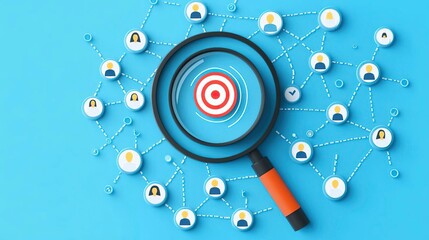 A magnifying glass highlighting a target in a network of connected individuals, representing focus and analysis in social media.
