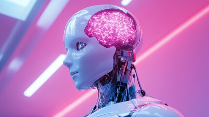 A robotic head featuring a luminous neural network is on display at a tech event, surrounded by vibrant lights and advanced technology