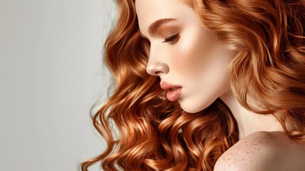 Fototapeta premium Beautiful woman in profile with long and shiny wavy hair . Beauty model girl with curly hairstyle . Fashion, cosmetics and makeup. 
