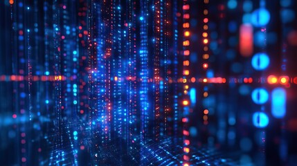 Obraz premium A mesmerizing abstract digital background featuring glowing lines and dots in vibrant blue and orange colors, ideal for technology themes.