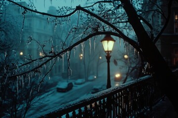 Icicles Hanging from a Branch in the City at Night