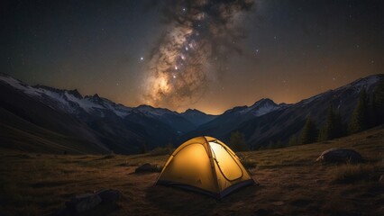 Illuminated Tent Under Milky Way in Mountainous Landscape