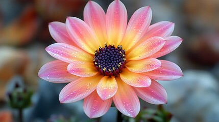 A close-up of a vibrant pink and yellow flower with water droplets on its petals.