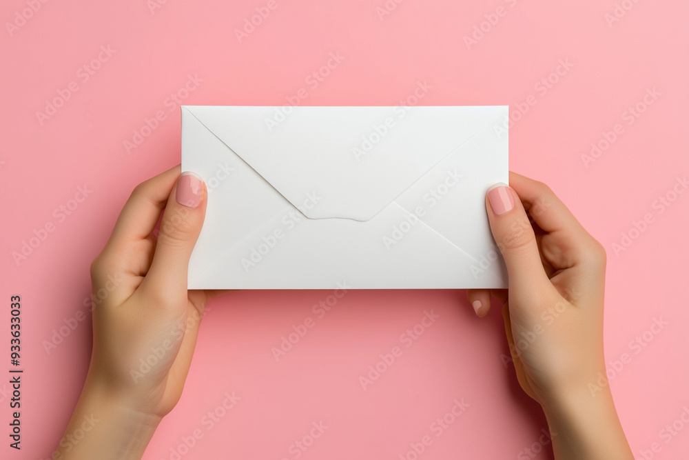 Poster hand holding a white envelope on a pink background. the envelope is open and the contents are not vi