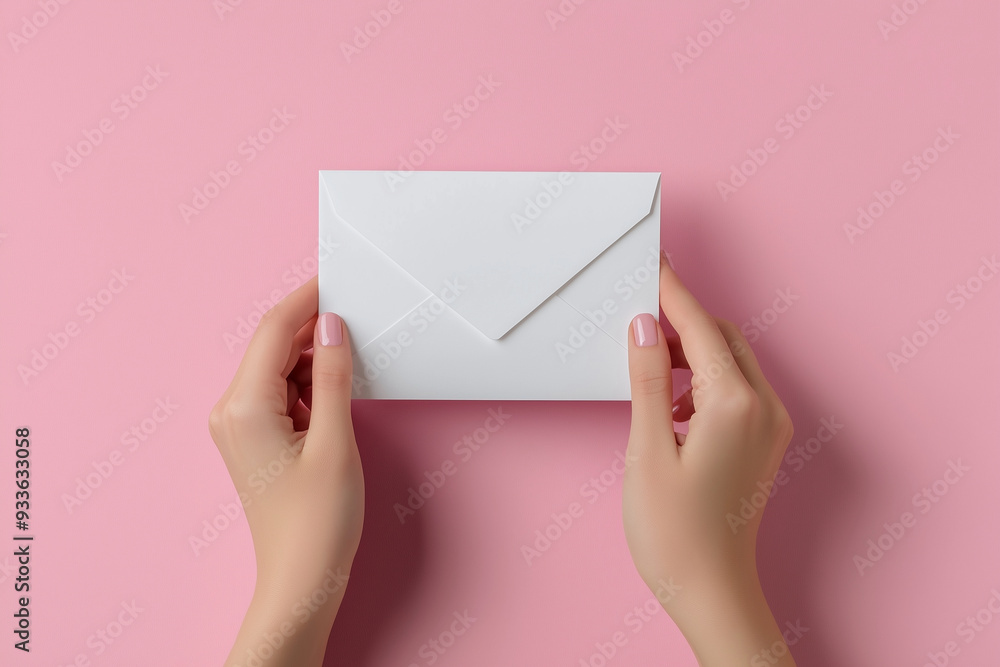 Poster hand holding a white envelope on a pink background. the envelope is open and the contents are not vi