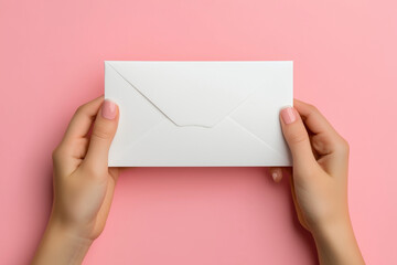 Fototapeta premium hand holding a white envelope on a pink background. The envelope is open and the contents are not visible. Concept of anticipation and curiosity about what could be inside the envelope