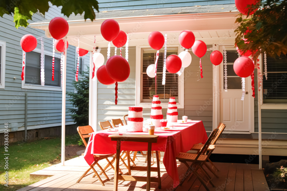 Poster a red table is set for a party with red balloons and banners hanging from the windows.