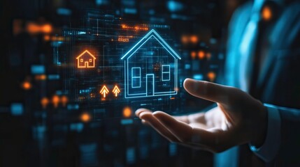 A professional hand holding a digital house icon, symbolizing real estate innovation and smart home technology.