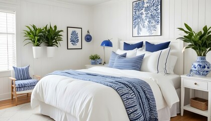 A cozy and inviting bedroom with a white wooden wall, a blue and white patterned vase with a plant, and a bed with white bedding and blue and white striped pillows.