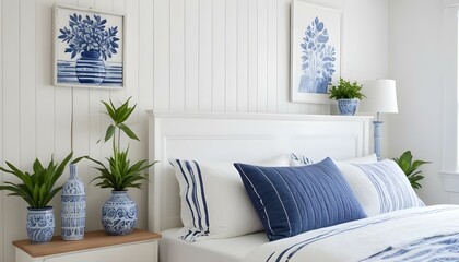 Naklejka premium A cozy and inviting bedroom with a white wooden wall, a blue and white patterned vase with a plant, and a bed with white bedding and blue and white striped pillows.