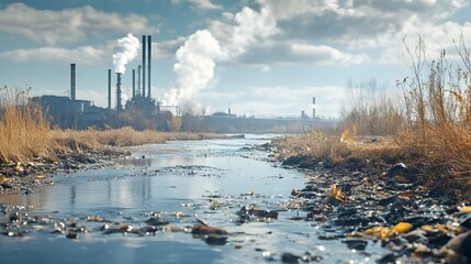 Obraz premium A polluted river flows past factories discharging toxic waste creating an environmental crisis of contamination and in the landscape