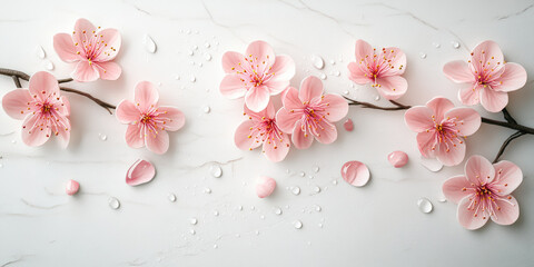 Delicate pink cherry blossoms scattered on a white marble surface, adorned with water droplets, creating a serene and elegant composition.