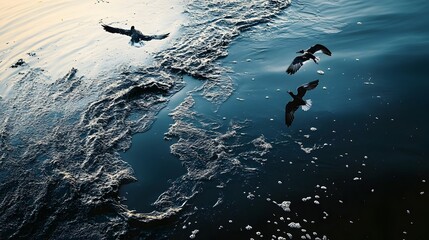 Fototapeta premium Aerial View of a Devastating Oil Spill Spreading Across the Ocean s Surface Harming Birds Marine Life and the Surrounding Ecosystem in an Environmental Crisis