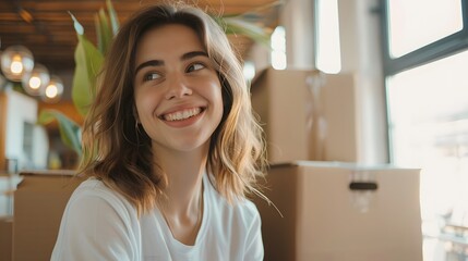 Beautiful girl is thinking how to arrange all her things in the new apartment. Young woman is smiling and looks happy. Concept of moving. 