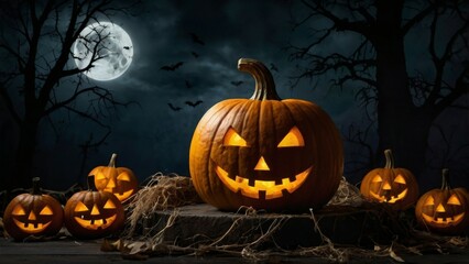 Halloween pumpkins on dark background with moonlight and scary trees