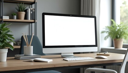 Fototapeta premium Modern office desk with blank screen computer monitor, Computer screen mockup, Computer blank screen, Computer front view screen mockup