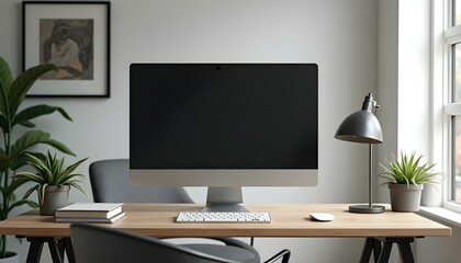 Modern office desk with blank screen computer monitor, Computer screen mockup, Computer blank screen, Computer  front view screen mockup