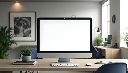 Fototapeta premium Modern office desk with blank screen computer monitor, Computer screen mockup, Computer blank screen, Computer front view screen mockup
