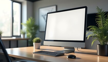 Modern office desk with blank screen computer monitor, Computer screen mockup, Computer blank screen, Computer  front view screen mockup