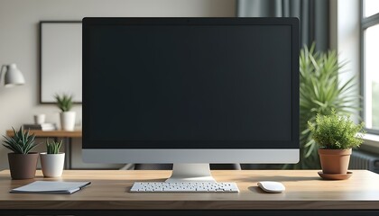 Modern office desk with blank screen computer monitor, Computer screen mockup, Computer blank screen, Computer  front view screen mockup