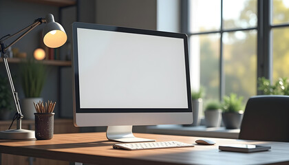 Modern office desk with blank screen computer monitor, Computer screen mockup, Computer blank screen, Computer  front view screen mockup