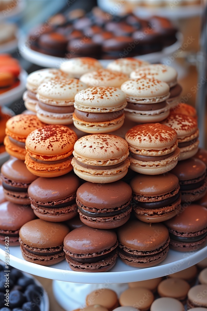 Poster delightful assortment of colorful macarons stacked elegantly at a bakery display