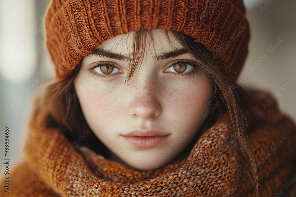 Wall mural close-up portrait of a young woman with red hair and freckles, wrapped in cozy autumn clothing, surr