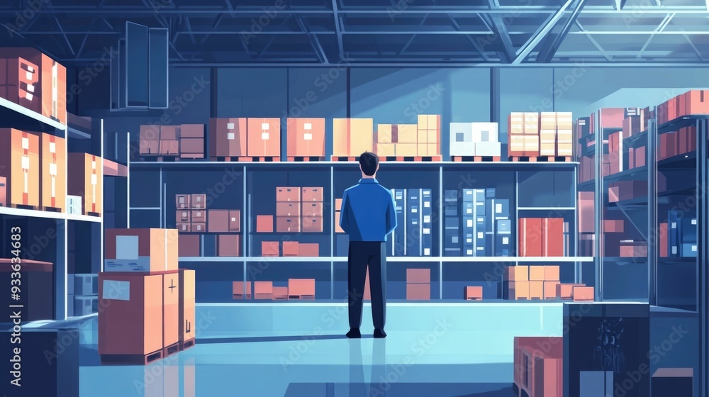 Poster optimizing inventory management levels and processes with flat design streamlining supply chain effi