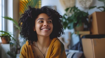 Beautiful girl is thinking how to arrange all her things in the new apartment. Young woman is smiling and looks happy. Concept of moving. 