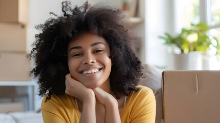 Beautiful girl is thinking how to arrange all her things in the new apartment. Young woman is smiling and looks happy. Concept of moving. 