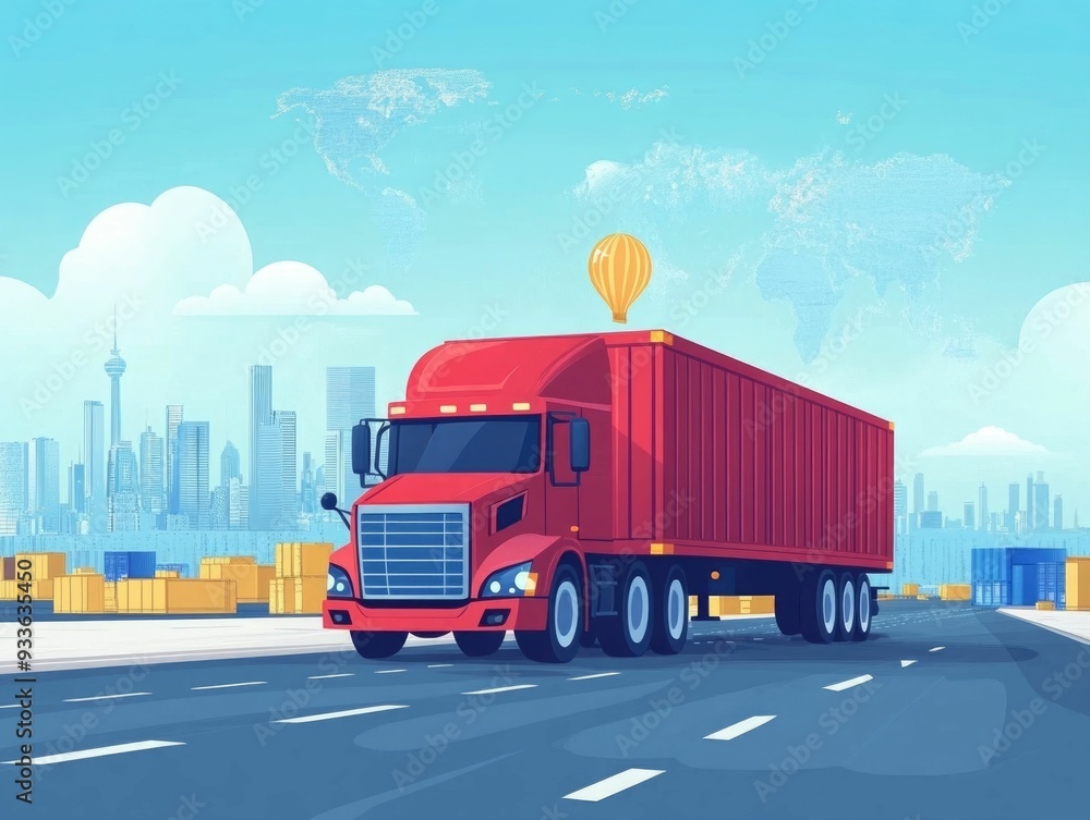 Poster flat design showcasing efficient global freight logistics and real time shipment tracking system dep