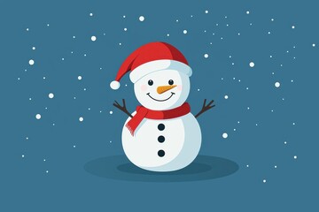 A cheerful snowman wearing a red hat and scarf, surrounded by falling snowflakes in a winter wonderland setting.
