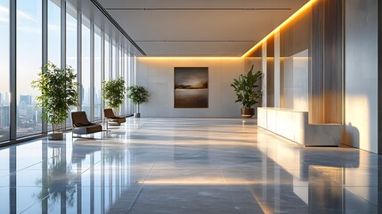 Obraz premium Modern glass wall commercial buildings reception lobby hall, Realistic 3d rendering.