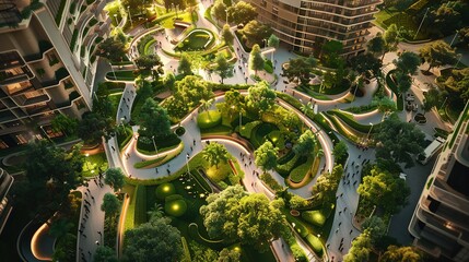 Naklejka premium Aerial view of a modern urban park with winding pathways, greenery, and people enjoying the space.