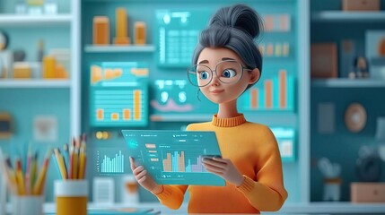 A woman analyzes data on a tablet in a modern office, surrounded by charts and creative tools, showcasing digital analytics.