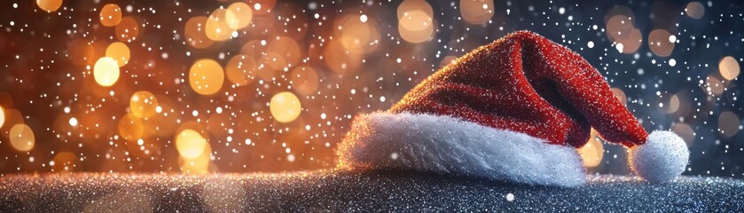 Naklejka premium A festive Christmas hat resting on a snowy surface, surrounded by sparkling lights creating a warm holiday atmosphere.