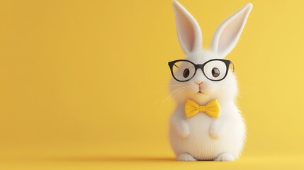 Curious White Bunny in Yellow Bowtie and Glasses - Fluffy Fur and Minimalist Background in HD Quality, C4D Rendering