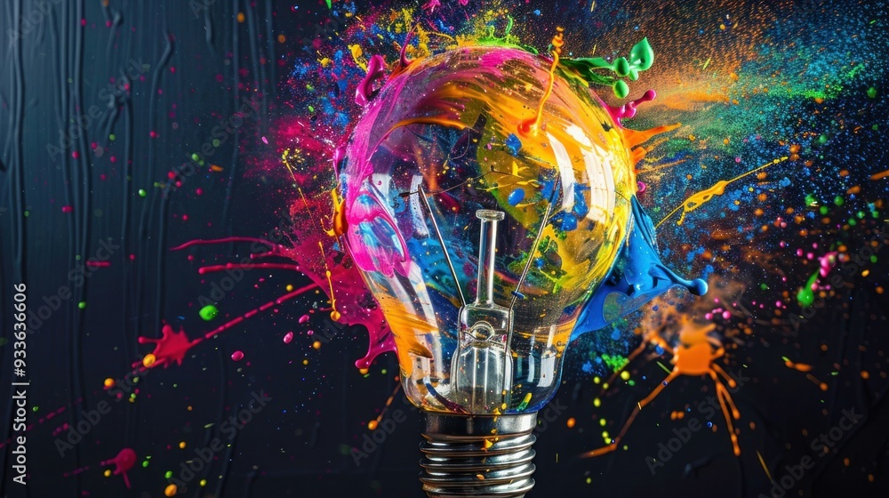 Poster creative light bulb explodes with colorful paint and splashes on a black background.