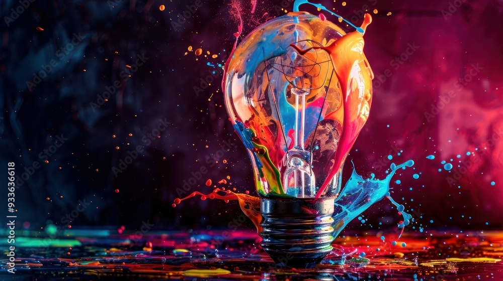 Poster creative light bulb explodes with colorful paint and splashes on a black background.