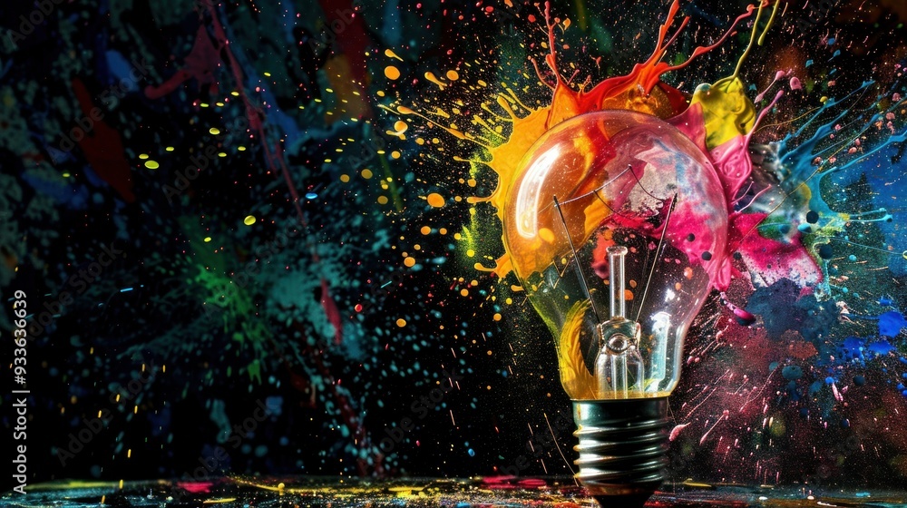 Poster creative light bulb explodes with colorful paint and splashes on a black background.