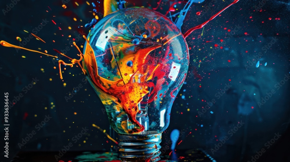 Poster creative light bulb explodes with colorful paint and splashes on a black background.