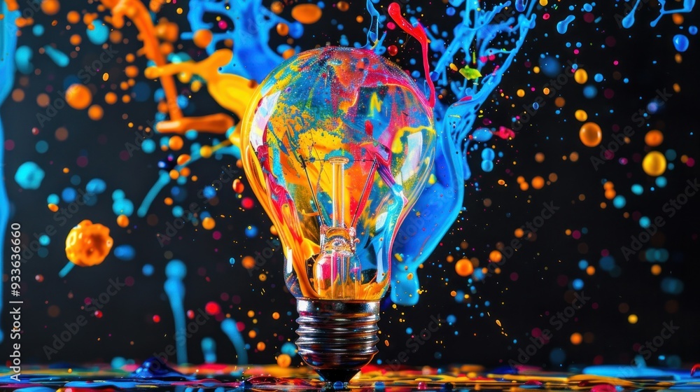 Poster creative light bulb explodes with colorful paint and splashes on a black background.