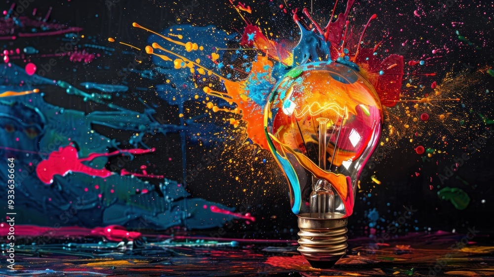 Poster creative light bulb explodes with colorful paint and splashes on a black background.